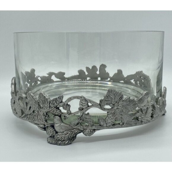 Birds & Pinecones Pewter Glass Large 9” Footed Bowl Centerpiece Votive Nature - Picture 3 of 12